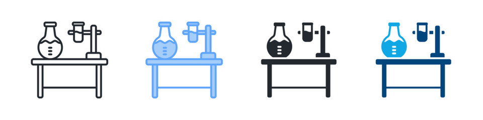 Lab Bench Icon Set Multiple Style. Designed In Outline, Blue, Glyph, Dual Tone