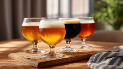 Assorted Beer Tasting Experience Rustic Wooden Table Closeup Glasses Indoor Setting Warm Atmosphere