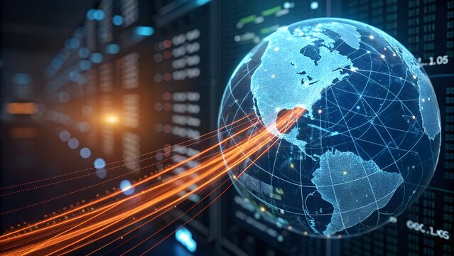Glowing digital globe with data streams connecting continents representing global connectivity and technology innovation