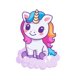 Cartoon baby Unicorn sits on a cloud, isolated in pastel colors. Kawaii children's print, poster, elememt for design of clothing, textiles, rooms.

