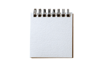 Square spiral-bound notebook.  Blank, white pages.  Dark metal binding