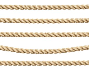 Five horizontal strands of thick beige rope isolated on a white background nautical maritime textured woven fiber rope texture detailed macro shot