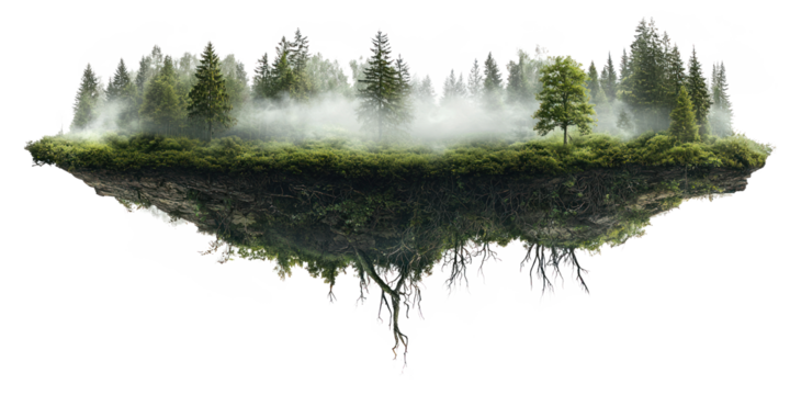 A lush green forest floating above a misty valley, with tree roots dangling down into the fog below, creating a magical scene. isolate on transparent background - Powered by Adobe