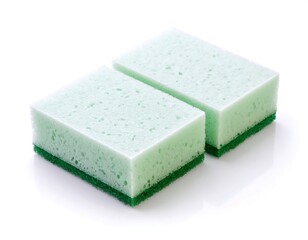 Two light green cellulose sponges with a dark green scrubbing surface positioned on a bright white background showcasing their texture and clean appearance