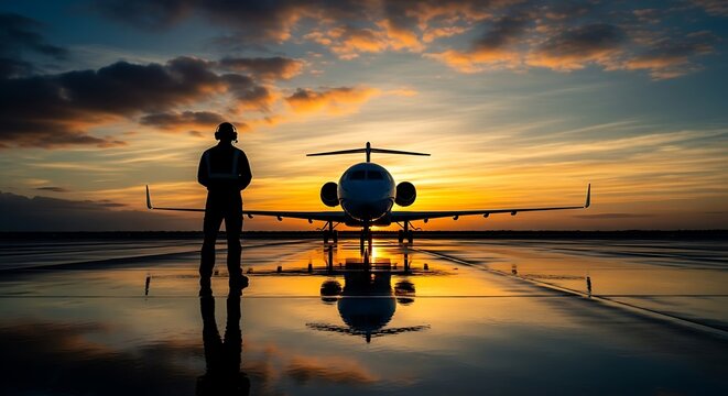 Pilot standing on a wet tarmac reflecting a private jet against a dramatic sunset sky