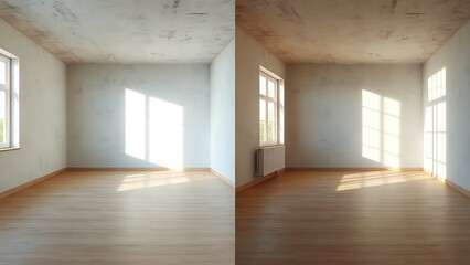 Obraz premium Architectural visualization comparing a worn room to its renewed version with natural lighting.