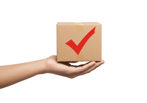 Photo Hand Holding Cardboard Box With Red Checkmark