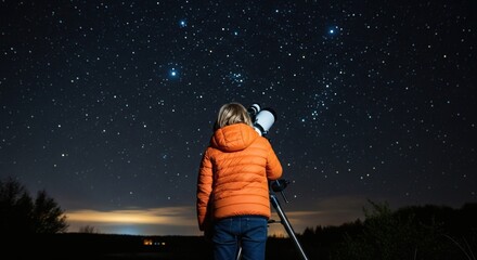 Naklejka premium Boy observing starry sky with a telescope at night. Astronomy for education. Child learning cosmos, space science.