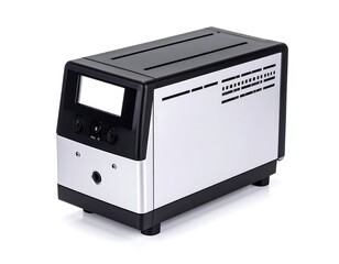 Sleek rectangular electronic device with a silver metallic body black top panel and a small LCD screen featuring several buttons and ventilation slots