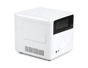 Fototapeta premium Compact white electronic device with a small screen ventilation slots and a blank panel Modern minimalist design isolated on a bright white background Ideal for technology or home appliance imagery