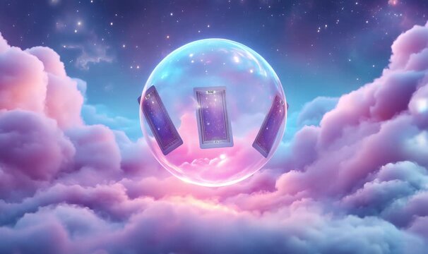 Three tarot cards rotate gently inside a crystal ball, floating above a dreamy, pink cloudscape under a starry night sky