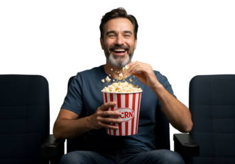 Photo of a Man Enjoying Popcorn at a Movie Theater