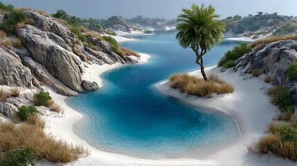 Obraz premium Aerial view of a tropical dune system with multiple clear lagoons scattered like jewels in a white sandy landscape.