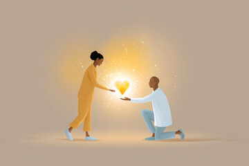Man kneeling offering glowing heart to woman symbolizing care love support connection kindness compassion health. Copy space