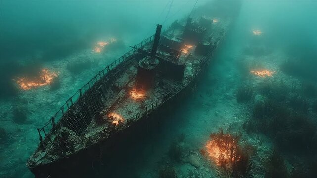 Sunken ship rests on ocean floor, partially covered in marine growth.  Lights illuminate the wreck
