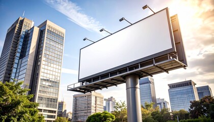 Blank billboard for outdoor advertising in a modern city with skyscrapers. Urban marketing and communication concept.