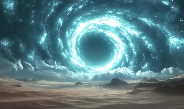 Glowing cosmic wormhole piercing starry night, illuminating vast desert, revealing mysterious interdimensional portal connection