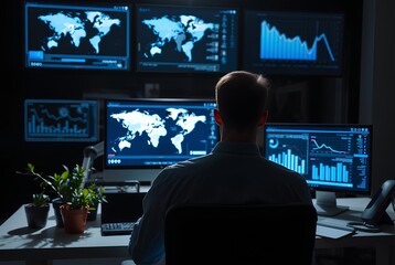 Financial Analyst Working on a Computer with Multi-Monitor Workstation with Real-Time Stocks