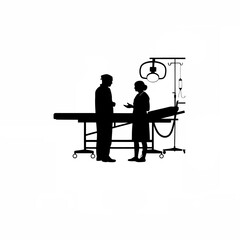 Surgeon listening to nurse in operation room silhouette on white background