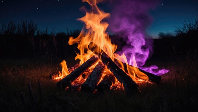 A campfire with glowing flames and purple smoke at night in an outdoor setting. Fireside, flame, outdoor, night, smoke. The concept of campfire and night outdoor activity.
