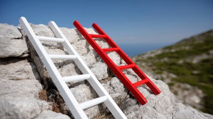 Climbing ladders to new heights red and white ladders on rocky terrain outdoor adventure scenic view concept of progress