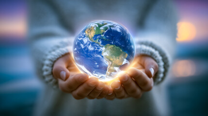 Fototapeta premium Hands cradle illuminated globe representing earth, emphasizing global responsibility and sustainability. Gentle twilight background enhances message of environmental awareness
