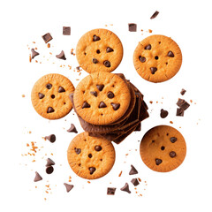 Chocolate chip cookies, stacked and scattered,  with chocolate chips