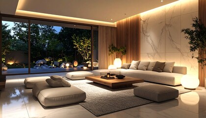 Modern Living Room with Garden View at Night Interior