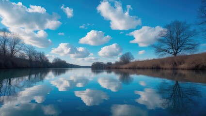 Fototapeta premium Serene river landscape with trees and sky reflected in the water on a clear day.