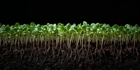 Close up of young plants growing in soil with visible roots on a black background in a studio shot