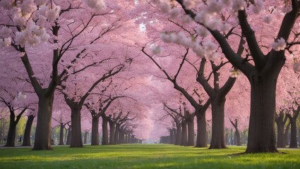 Obraz premium Cherry blossom trees in full bloom along a pathway with pink flowers and lush green grass.