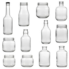 Isolated Set of Empty Glass Jars and Bottles on Transparent Background