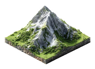 Isometric mountain, green valleys, layered earth