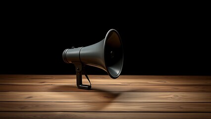 Vintage megaphone on wooden surface with dramatic lighting, evoking nostalgic and minimalist aesthetics.