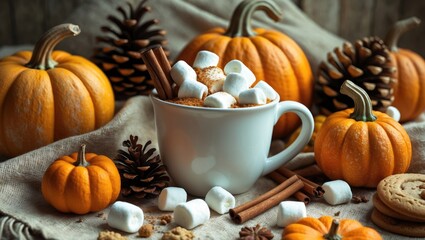 A cozy autumn scene with pumpkins, pinecones, cinnamon sticks, marshmallows, and cookies on a rustic surface, creating a warm and festive atmosphere.