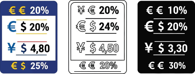 Currency exchange rates comparison euro dollar yen value percentage vector art