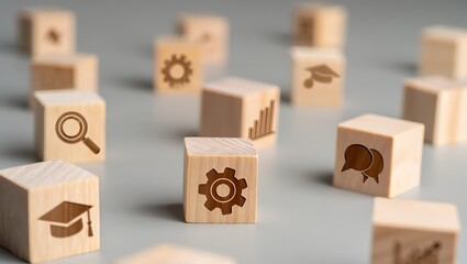 Wooden Blocks with Business and Education Icons Representing Concepts and Strategy on a Gray Background