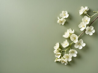 Minimalist flat lay of white flowers on a sage green background. Simple, clean, and elegant template with empty copy space.