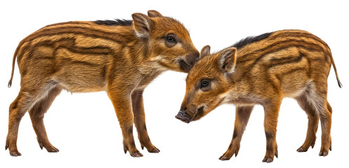 two adorable wild boar piglets, Sus scrofa, with striped brown fur