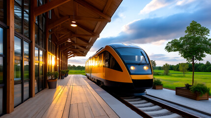 Obraz premium Bright yellow train approaches platform at station illuminated by warm evening light. Expansive green fields and blue sky create an inviting atmosphere. Concept of transportation, travel, tourism
