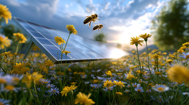 Bees hover over bright yellow and white flowers in lush meadow next to solar panels. Sunny day with blue skies and scattered clouds. Concept of sustainable energy, nature, agriculture - Powered by Adobe