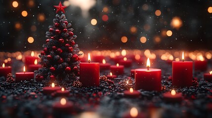 Festive Christmas Tree Surrounded By Glowing Red Candles bokeh winter