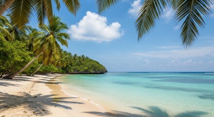 Sunlight casts shadows from palm fronds onto a pristine sandy beach beside a clear turquoise sea.