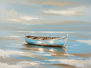 Impressionist painting of a rustic blue boat in calm water. Serene seascape artwork with beautiful cloud reflections.