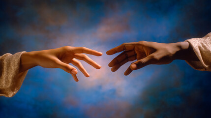 Two hands extending towards each other against a vibrant, colorful background, symbolizing connection and unity. Concept of relationships, art appreciation, cultural expression