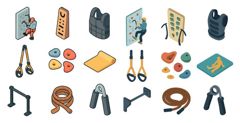 Rock climbing icons set – isometric, fitness, adventure and mountaineering symbols