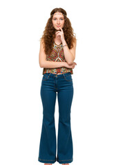 Portrait of a Pensive Young Woman in 70s Hippie Fashion