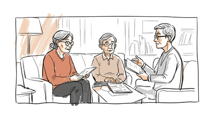 Three elderly people discussing plans while sitting on a sofa indoors  