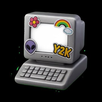 Retro computer with colorful stickers animation isolated asset, transparent 4K video, alpha channel, ProRes 4444