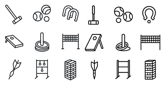 Outdoor games outline icons set &ndash; flat, line, leisure and recreation symbols